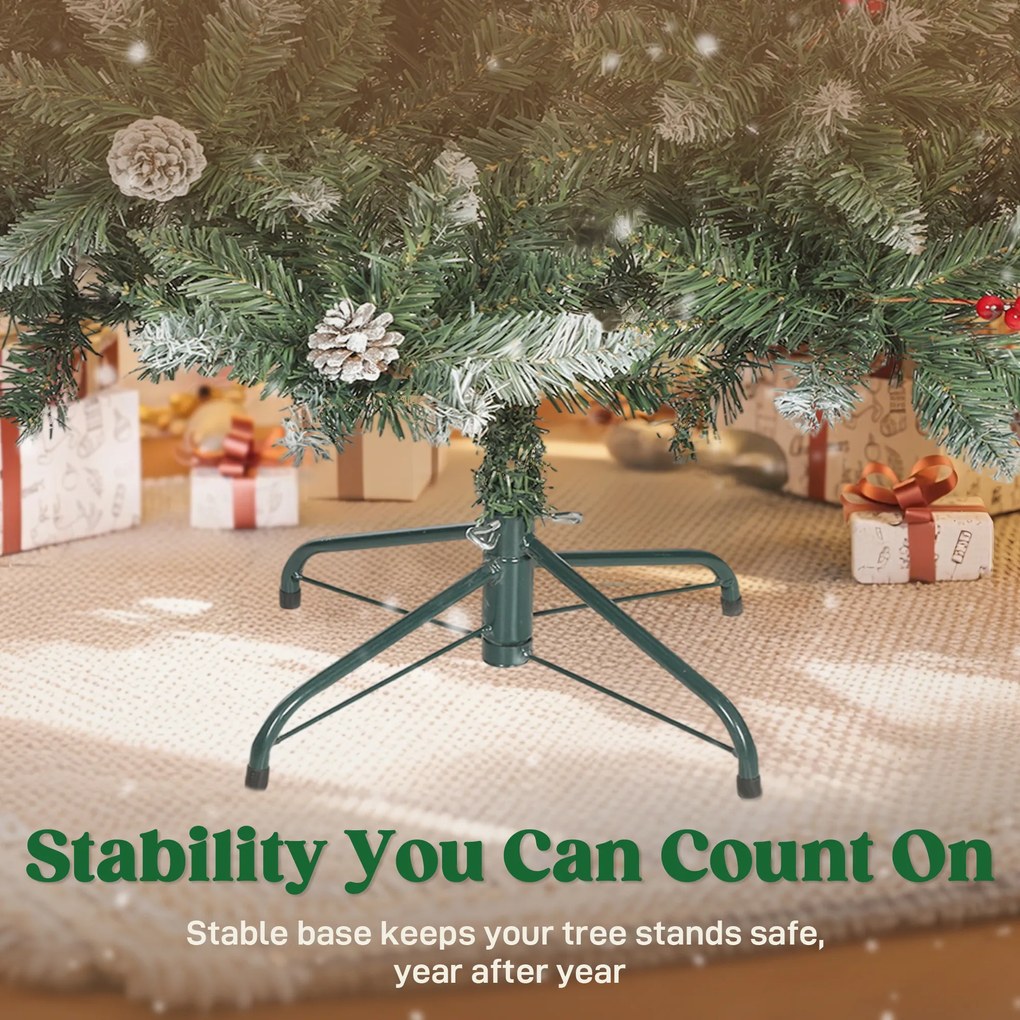 HOMCOM Brad de Crăciun Înalt Înzăpezit 180 cm cu 620 de Ramuri, Brad Artificial de Interior cu Conuri și Boabe Roșii Decorative, Bază din Metal, Verde | Aosom Romania