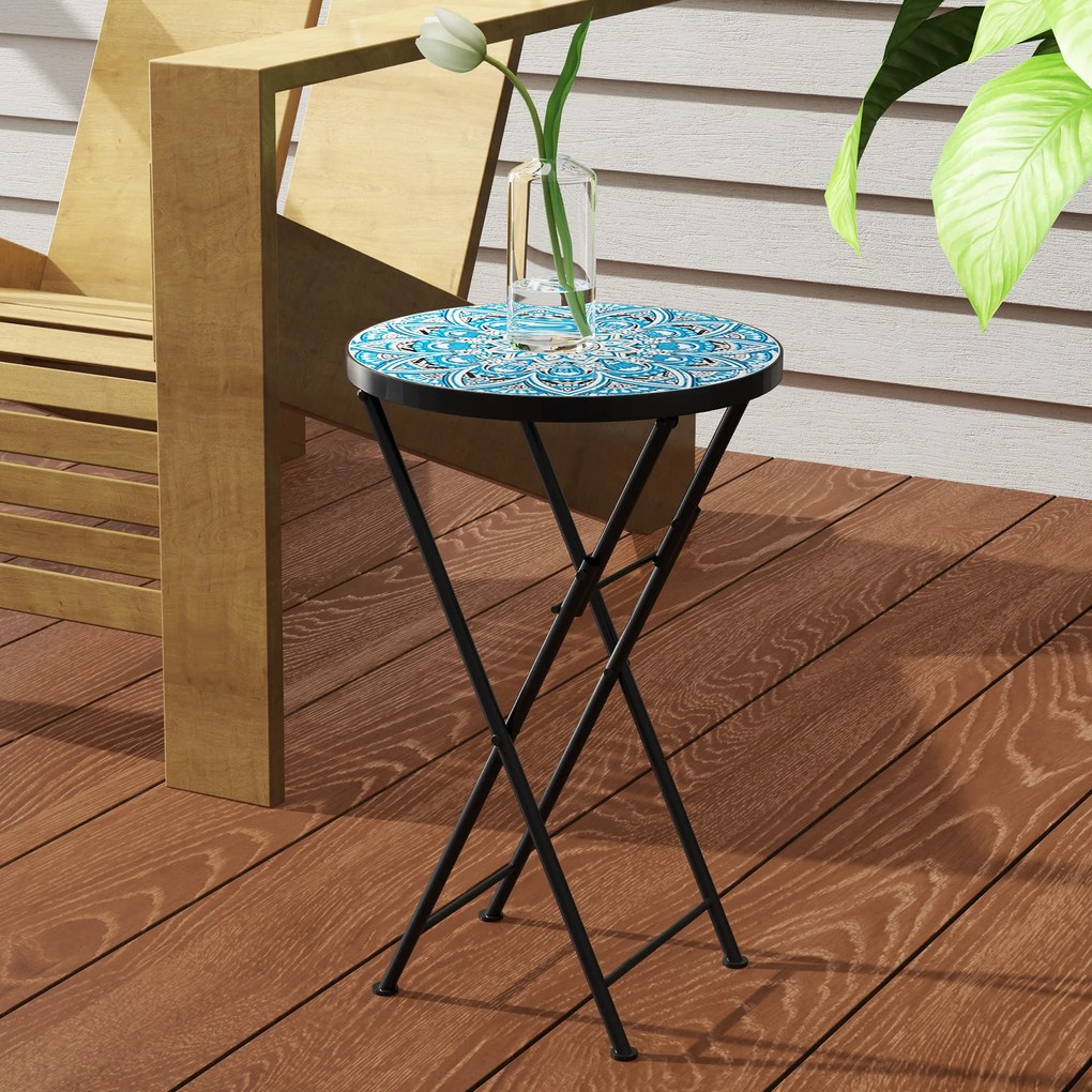 Outsunny Masă de grădină mozaic, Masă rotundă pliabilă pentru terasă cu cadru metalic și blat de ceramică, Model mozaic, Albastru | Aosom Romania