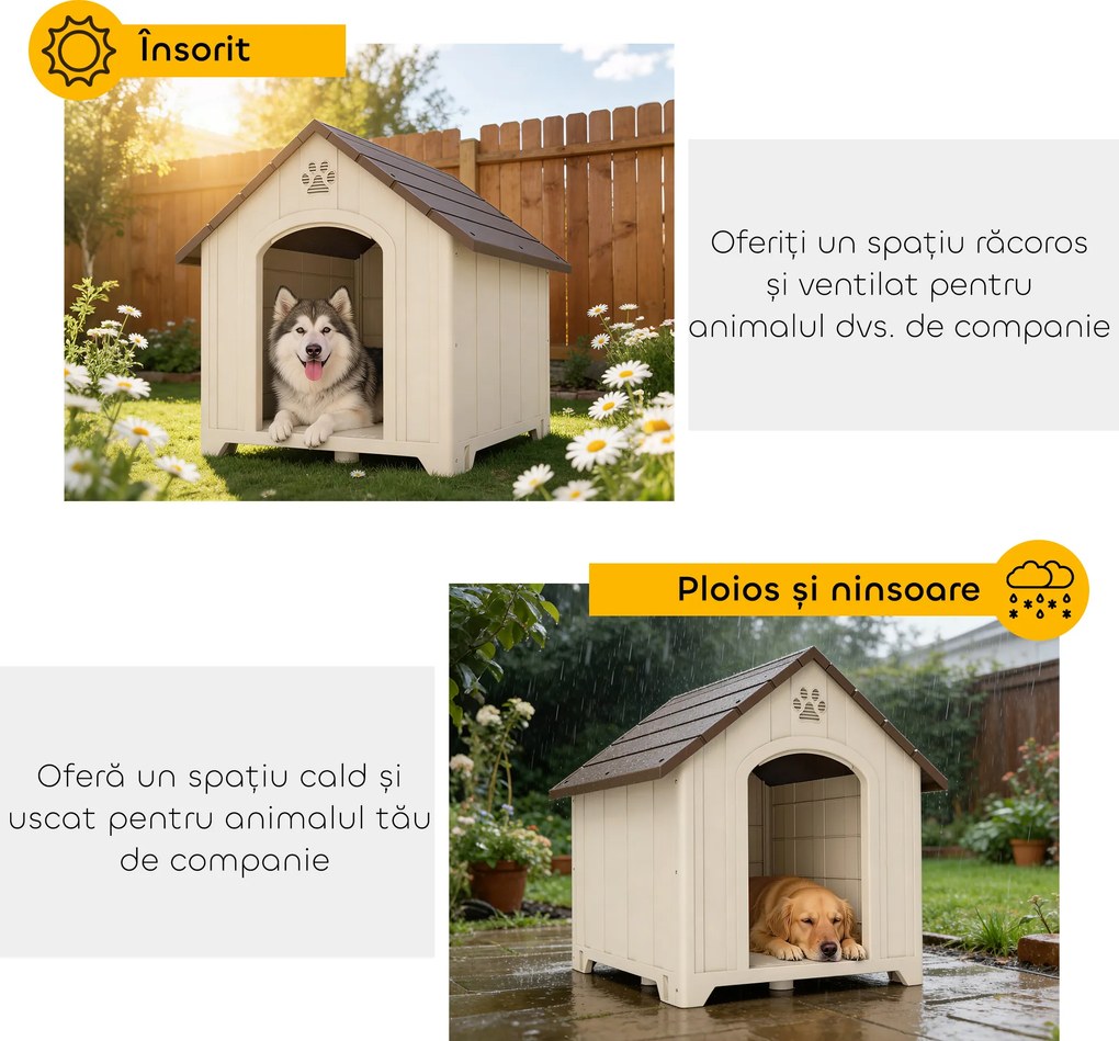 PawHut Căsuță pentru câini de talie medie și mare, ridicată, cu acoperiș înclinat, guri de aerisire și cuie, căsuță din PP, 88x78x89 cm, Bej și Maro Închis | Aosom Romania