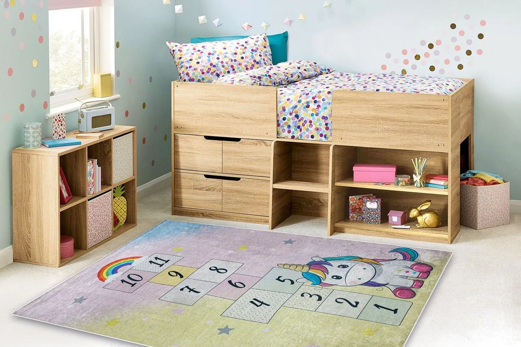 BAMBINO 54060 covor lavabil Inorog, hopscotch pentru copii anti-alunecare - roz / galben