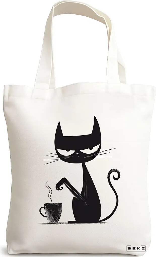 Sacosa de Panza pentru Cumparaturi, Geanta Tote, model Caffeine Cat 2 38 x 34.5 cm, Alba, BEKZ®