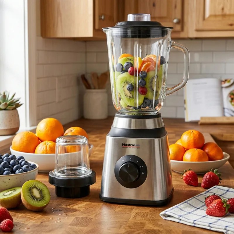 Blender 2in1 NostroLux NL51162C, 1000 W, 1,5 l, 3 viteze, Functie puls, Protectie, 6 lame, Accesoriu-rasnita, Inox/negru