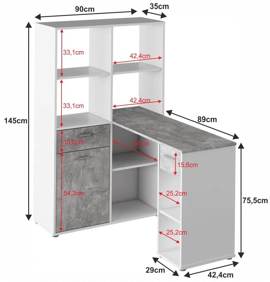 Masa PC cu etajera, alb beton, MINESON