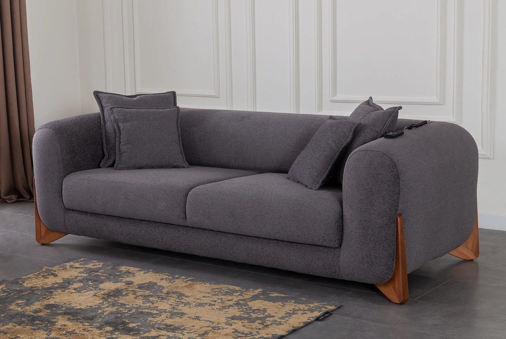 Canapea extensibila electric, cu picioare de lemn, 3 locuri puffy (240x105x70) - gri
