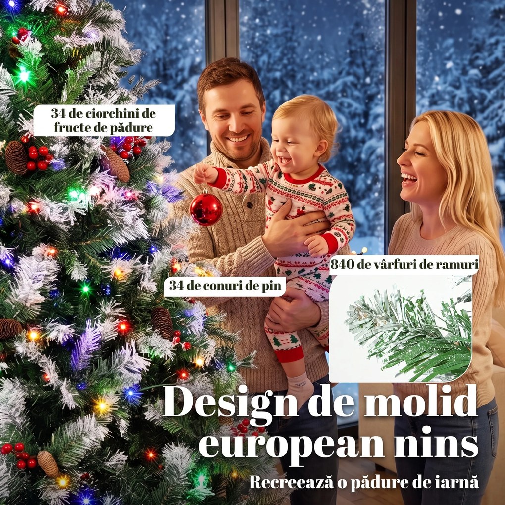 HOMCOM Brad de Crăciun Nins 180 cm, 250 LED-uri Bicolore, Telecomandă, 11 Moduri, 840 Ramuri, Conuri, Bobițe Roșii | Aosom Romania