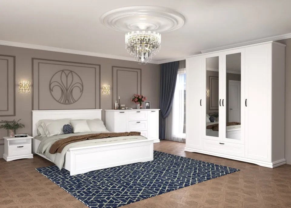 Dormitor Valencia, MDF Vopsit Alb, Dulap 4 usi si 1 Sertar, Pat 160x200, Comoda 2 Usi 3 Sertare, 2 Noptiere