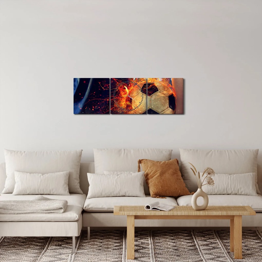 Tablou - Minge de fotbal în flăcări (cu ceas) (90x30 cm)