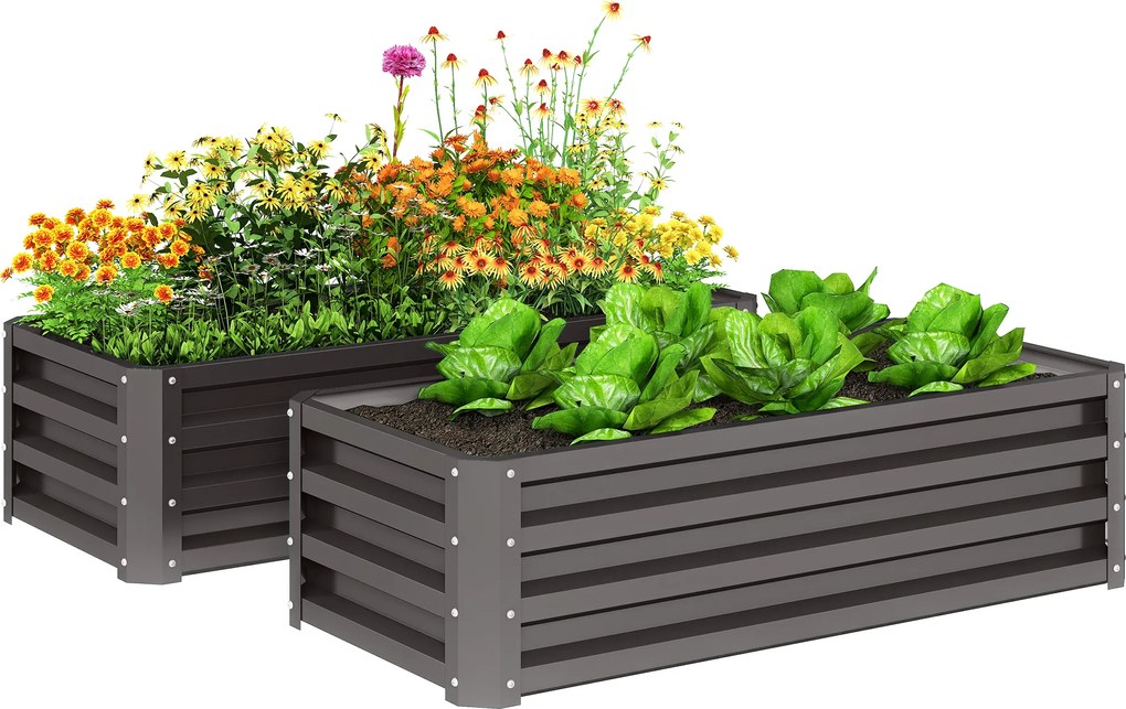 Outsunny Set jardiniere metalice 2 buc., Fund deschis, Pentru grădină și balcon, 110x50x30cm, Gri închis | Aosom Romania