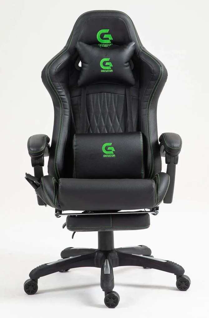 Scaun gaming, Masaj in 7 puncte, Boxe Bluetooth, funcție șezlong, 90-155 grade, suport picioare, PU, Negru/cusatura verde