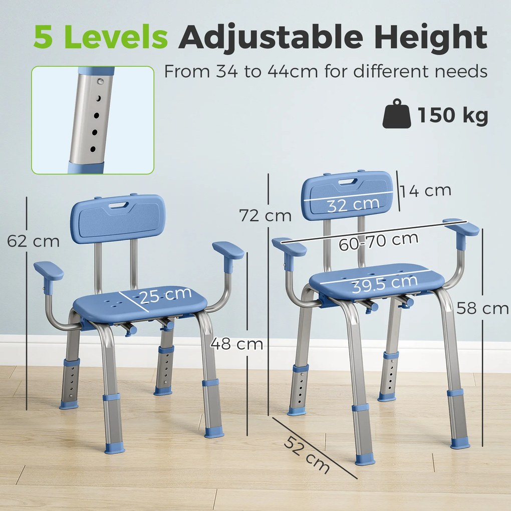 HOMCOM Taburet de duș scaun de duș ergonomic cu mânere, spătar, înălțime și șezut reglabile, albastru | Aosom Romania