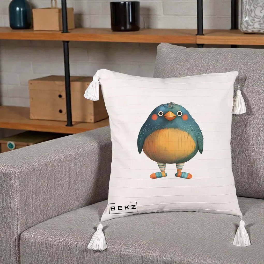 Perna Decorativa Pasare Teal cu Sosete Dunghi, 40x40 cm, Bej cu Franjuri, Husa Detasabila, Perna Inclusa, BEKZ®