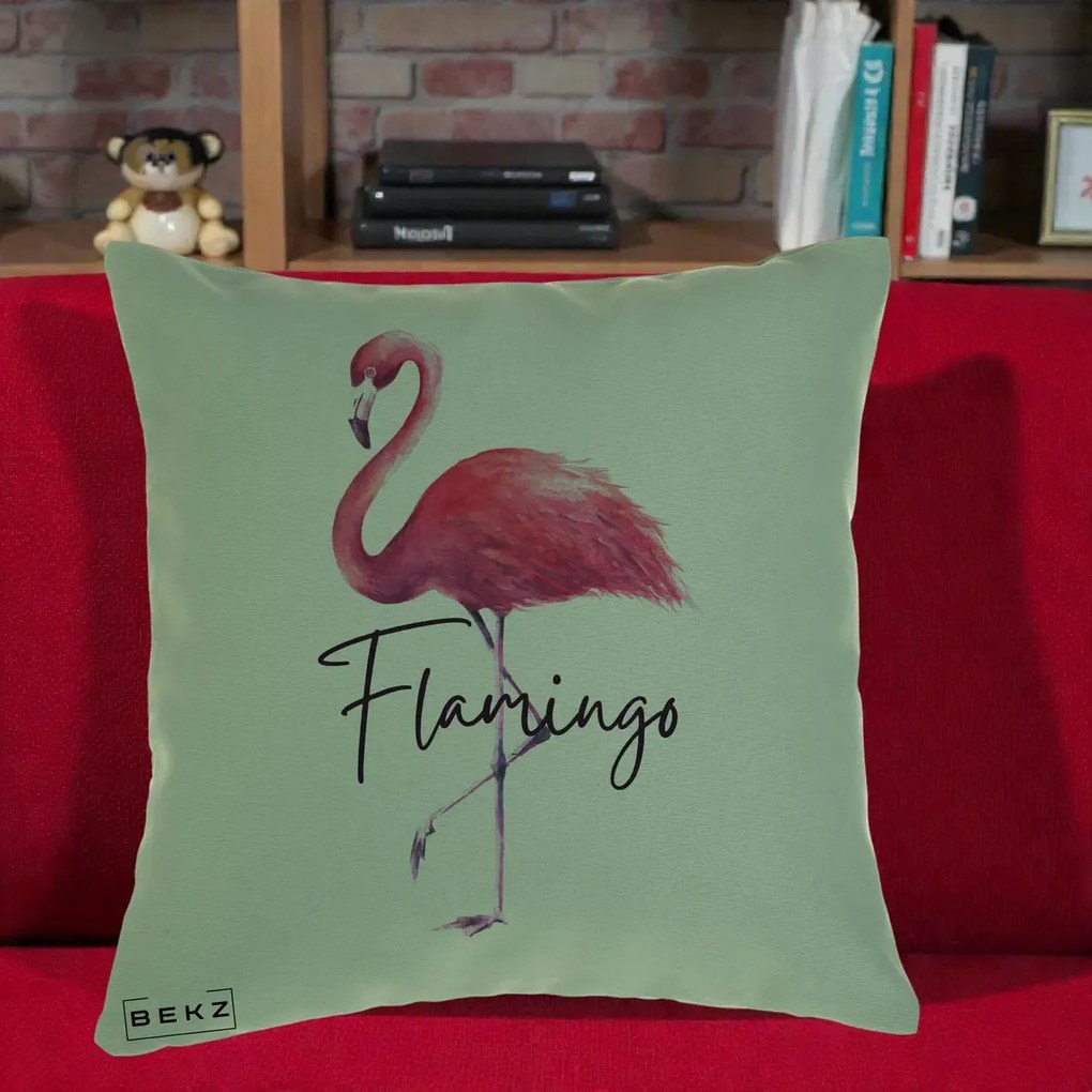Perna Decorativa Flamingo Acuarela, 40x40 cm, Verde, Husa Detasabila, Perna Inclusa, BEKZ®