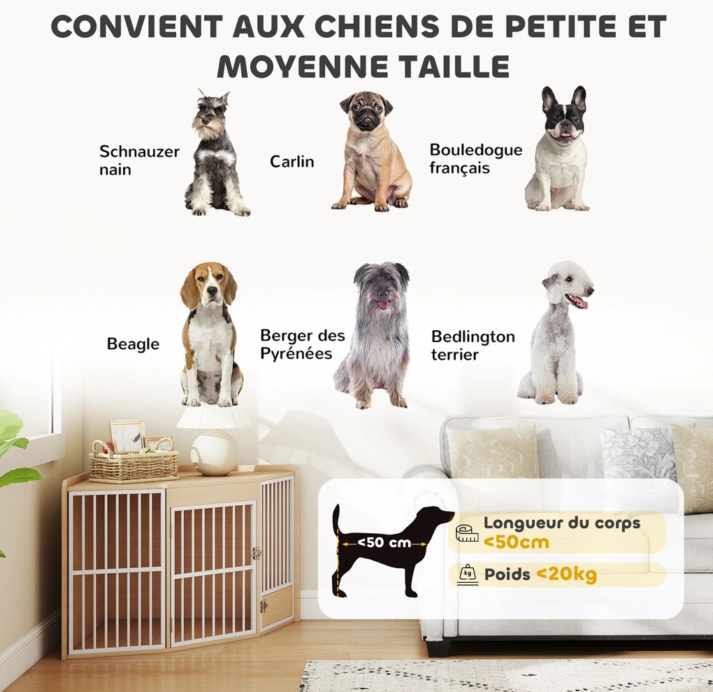 PawHut Cușcă de colț pentru câine, masă auxiliară, cu ușiță rotativă, pentru câini mici și mijlocii 113 x 80 x 64 cm, stejar | Aosom Romania