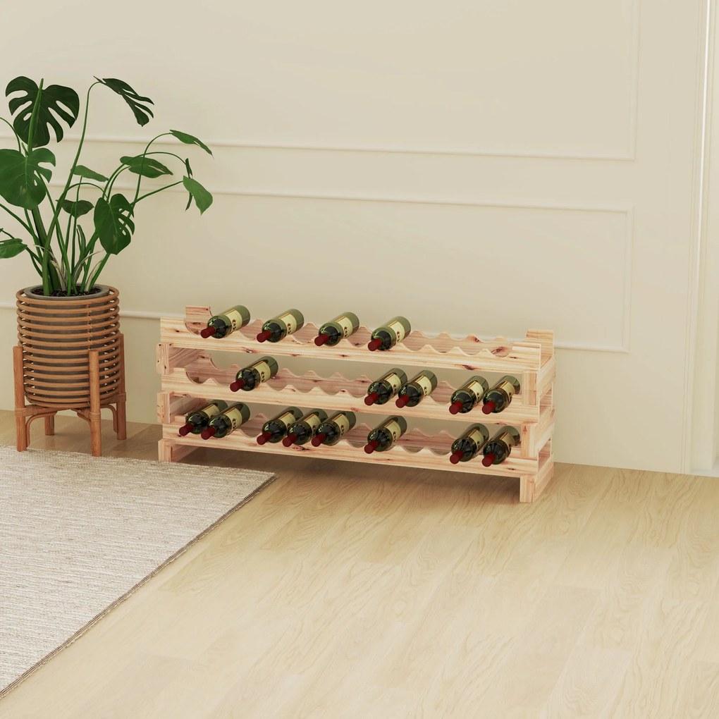 HOMCOM Suport pentru 36 sticle, etajeră pentru vin cu 3 niveluri modulare, 114×28×42,5cm, lemn natural | Aosom Romania