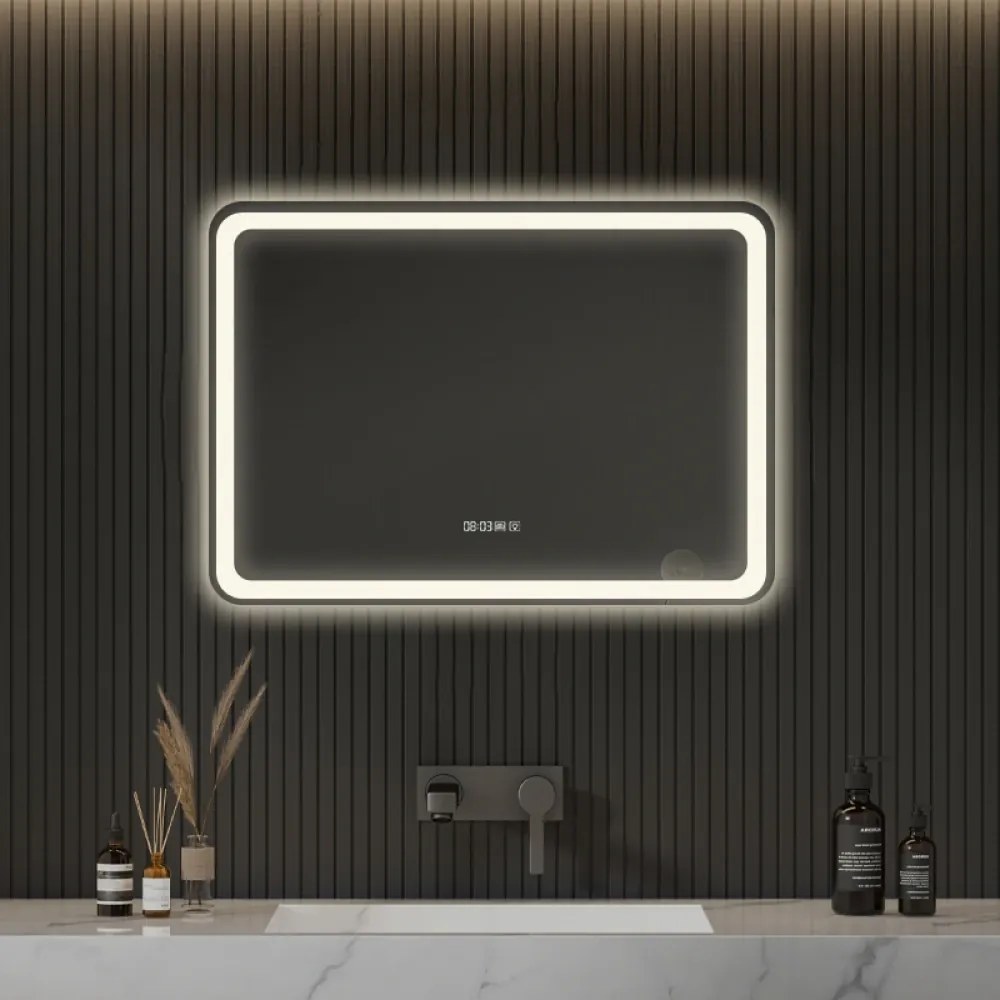 Oglindă baie, Multifuncțională, Iluminare LED Touch, Sistem Dezaburire, Ceas electronic încorporat, Indicator Temperatura, 70x50 cm