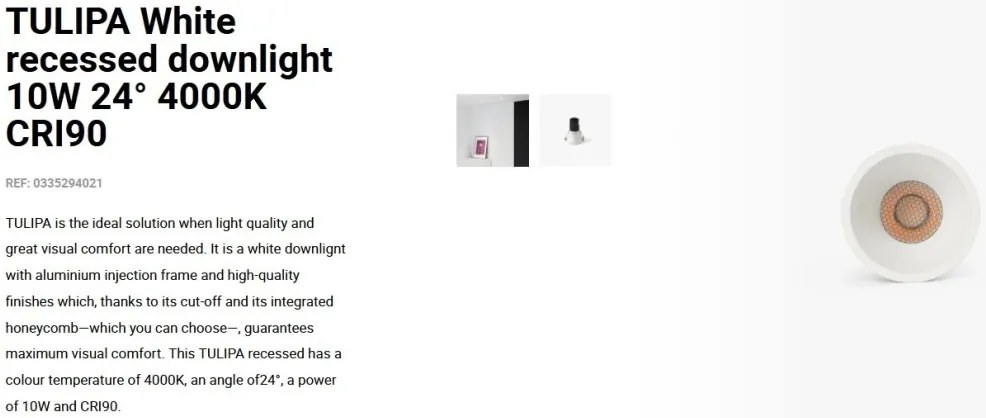 Spot LED incastrabil TULIPA White recessed downlight 10W 24° 4000K CRI90