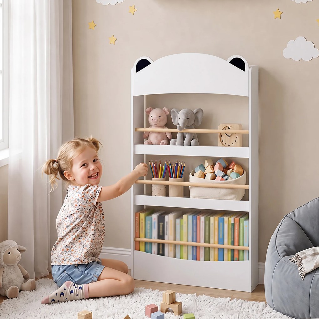 AIYAPLAY Bibliotecă Montessori pentru Copii 3-8 Ani, Ursuleț, cu 4 Polițe din Lemn, 50x15x97 cm, Alb | Aosom Romania