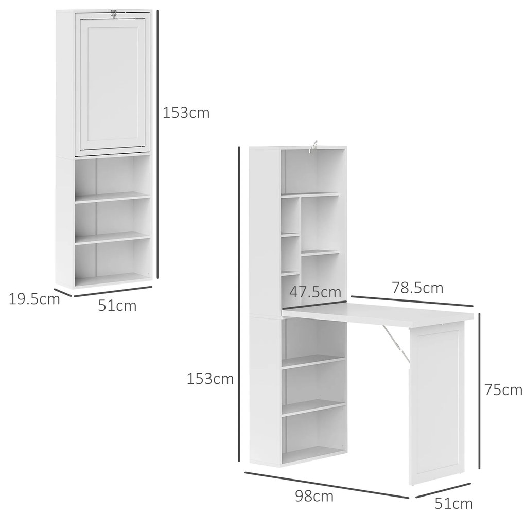 HOMCOM Birou de calculator pliabil cu bibliotecă, post de lucru, tablă albă și raft reglabil, 98x51x153cm, alb | Aosom Romania
