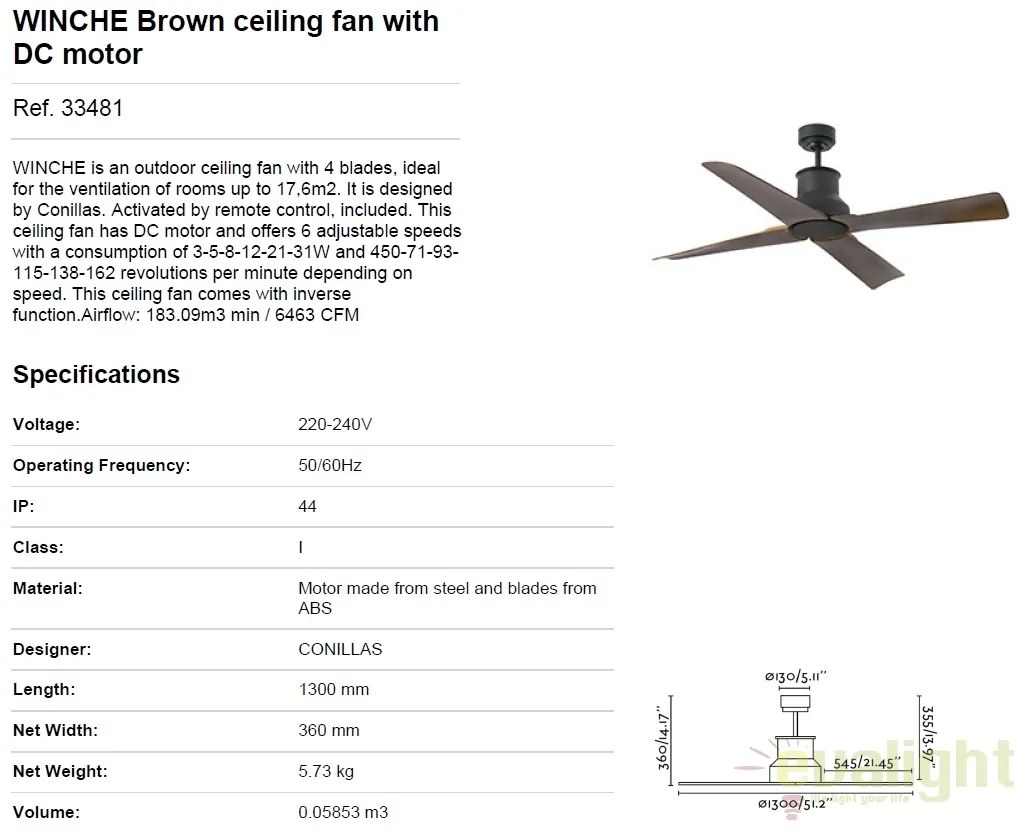Ventilator cu telecomanda IP44 WINCHE maro 33481