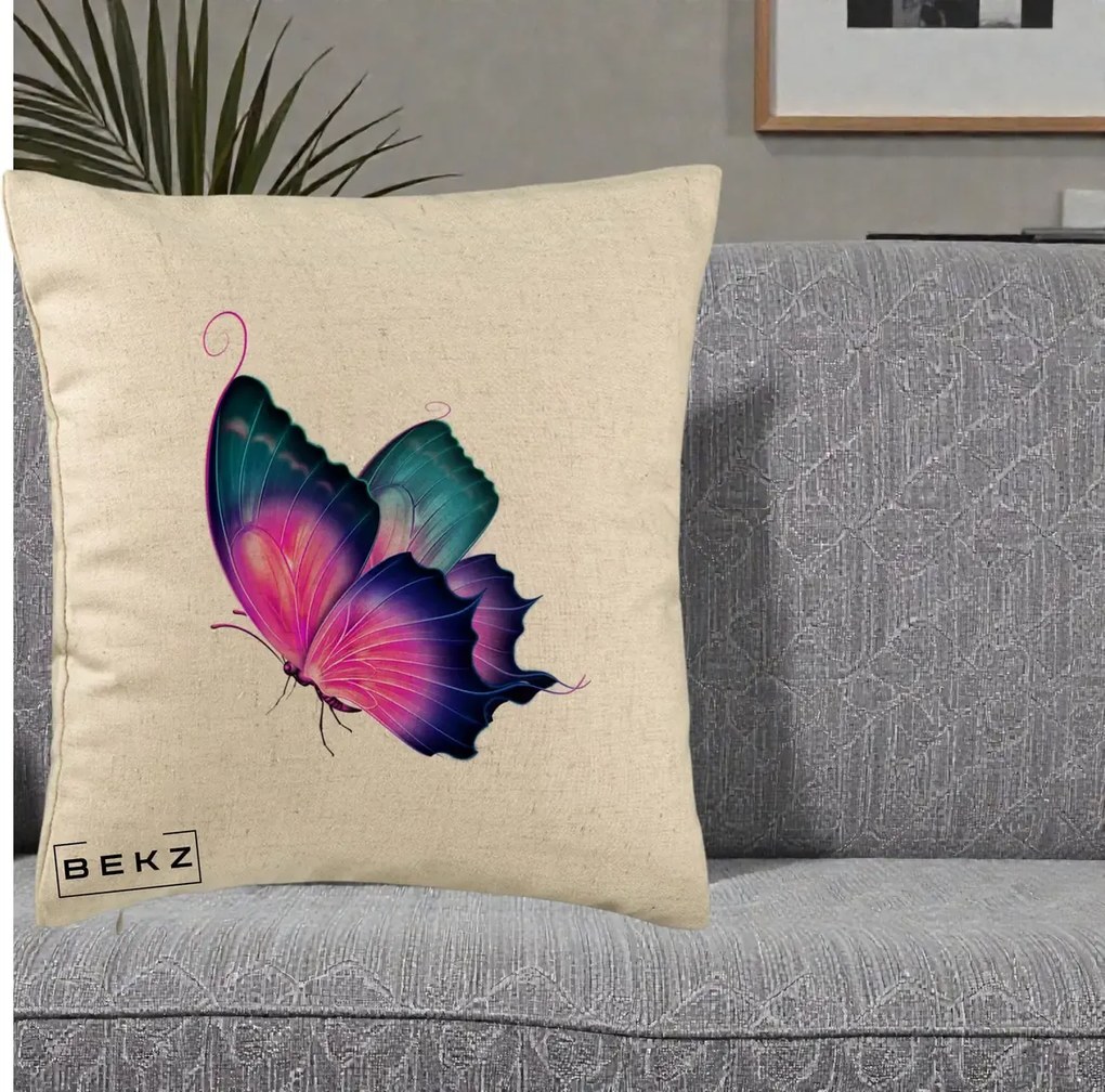 Perna Decorativa Fluture Neon, 40x40 cm, Bej, Husa Detasabila, Perna Inclusa, BEKZ®