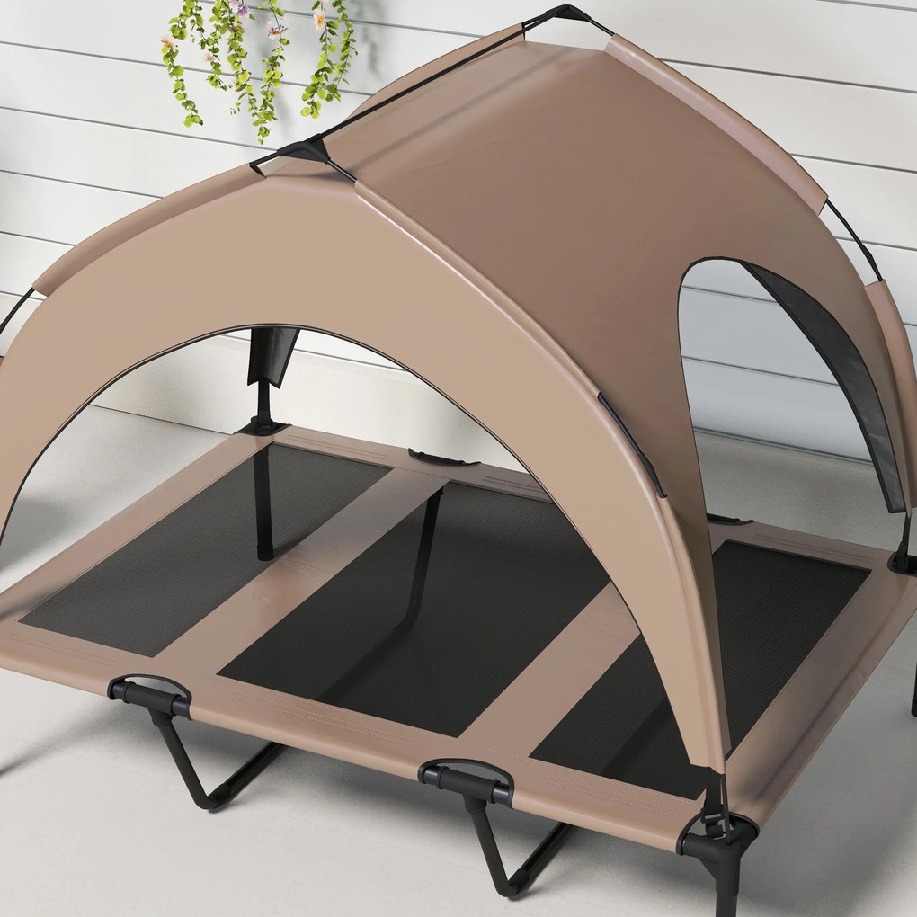 PawHut Pat pentru câini și pisici pe picioare, pat pentru câini ridicat, velum anti-UV, Oxford, sac de transport 106 x 76 x 94 cm, cafeniu | Aosom Romania