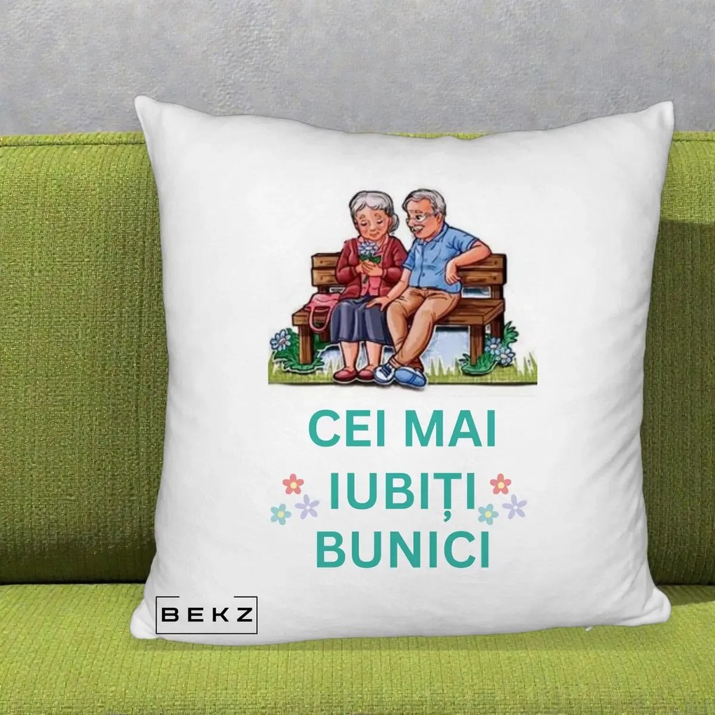Cadou pentru Bunici - Perna Personalizata Cei Mai Iubiti Bunici Cuplu pe Banca Ilustratie, 40x40 cm, Alb Pufos, Husa Detasabila, Perna Inclusa, BEKZ®