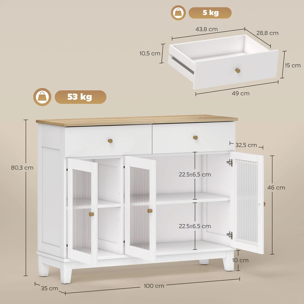HOMCOM Bufet salon cu 2 dulapuri cu uși din sticlă temperată canelată, 2 sertare și rafturi reglabile, 100 x 35 x 80,3 cm, alb | Aosom Romania