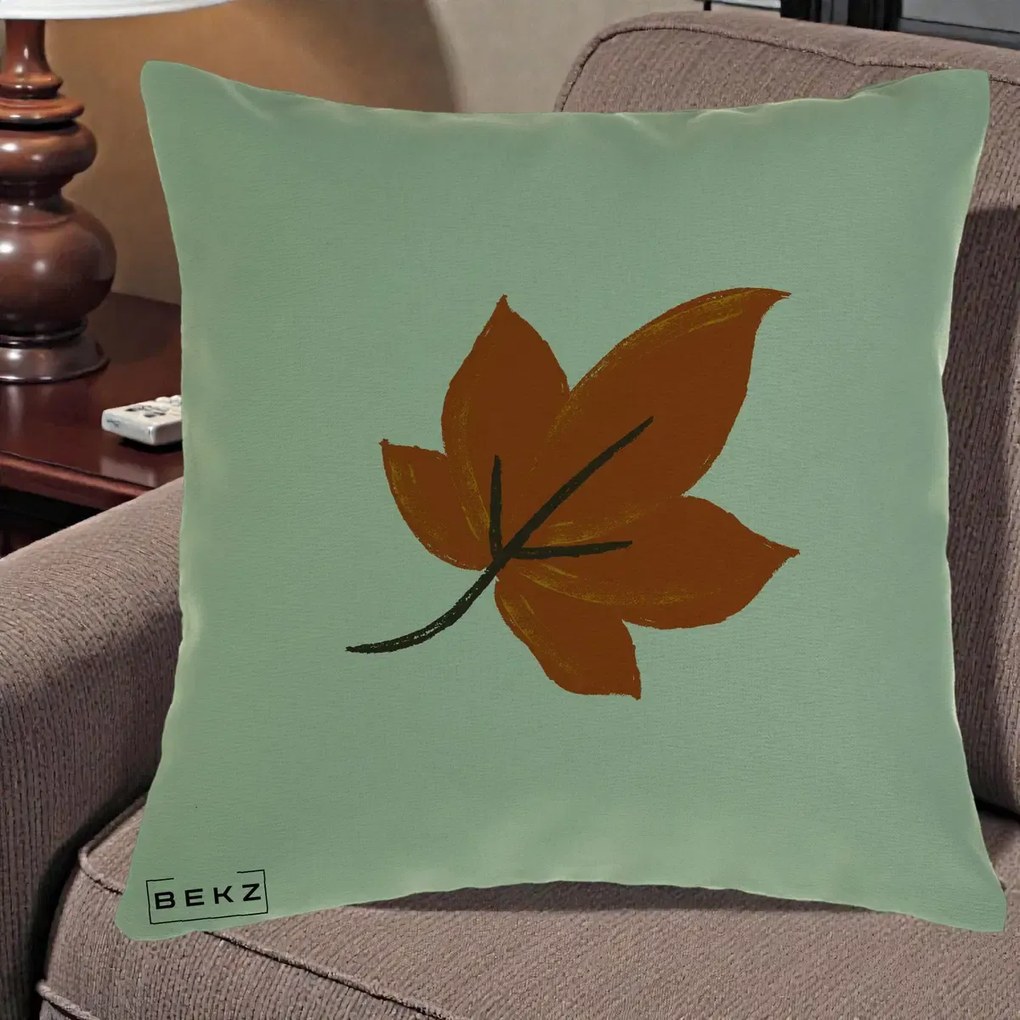 Perna Decorativa Frunza de Toamna Portocalie, 40x40 cm, Verde, Husa Detasabila, Perna Inclusa, BEKZ®