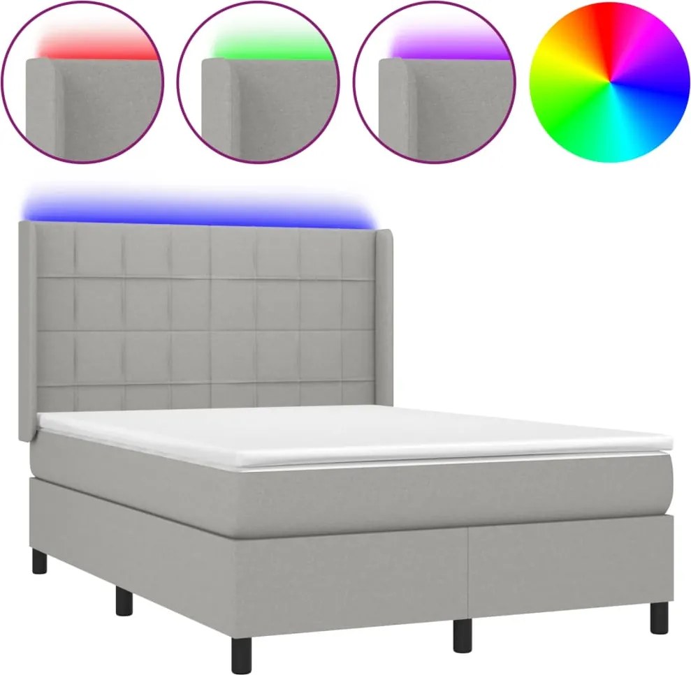 vidaXL Pat cu arcuri, saltea și LED, gri deschis, 140x200 cm, textil