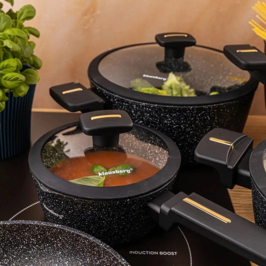 Set oale marmorate cu tigaie clatite si capace 12 piese Klausberg KB-7966, negre