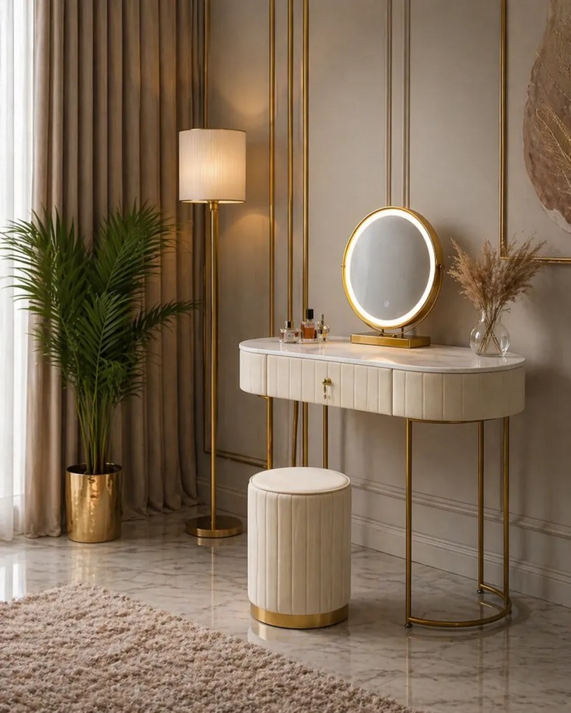 Set ASHLEY, Masă de toaletă pentru machiaj cu oglindă iluminată LED, control touch, sertar, taburet, 100x40x76 cm, Bej/Auriu