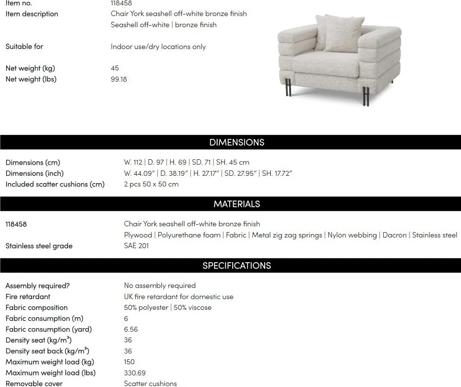 Fotoliu design LUX York, Seashell off-white