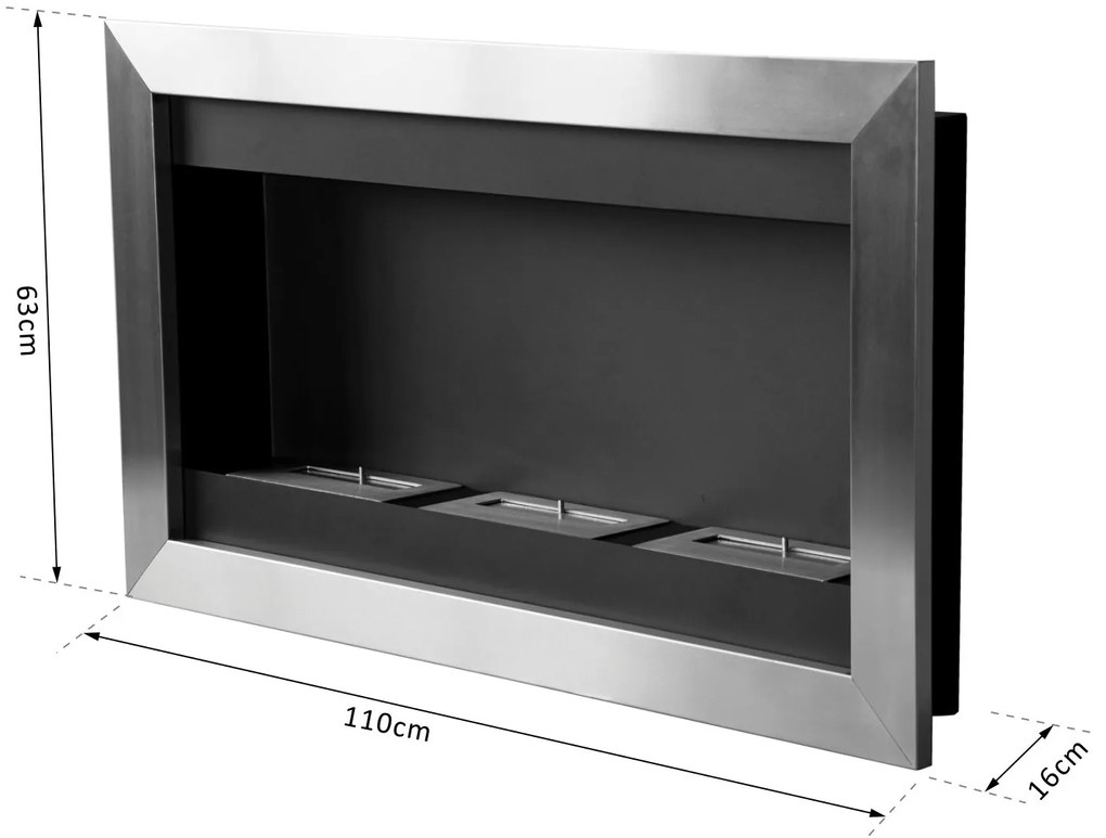 HomCom Șemineu cu Bioetanol pentru Perete cu 3 Arzătoare din Inox 1.5LT 110 x 63 x 16cm