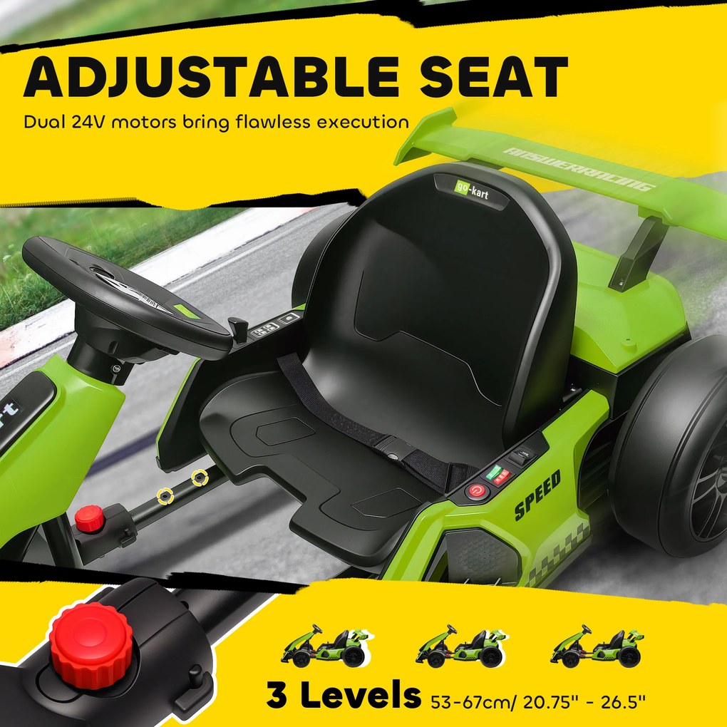 HOMCOM Go Kart Electric pentru Copii cu Scaun Reglabil, 2 Motoare, Claxon, Lumini și Muzică, 120x76x53,5 cm, Verde | Aosom Romania