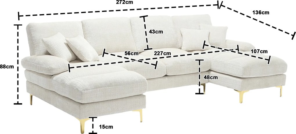 Canapea modulară mare, modernă, în formă de U, din chenille, cu dublu șezlong rabatabil, Bej