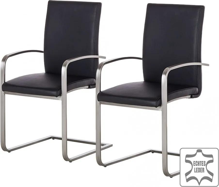 Set de 2 scaune Augusta I din piele naturala/otel inoxidabil, negru/argintiu, 44 x 98 x 58 cm