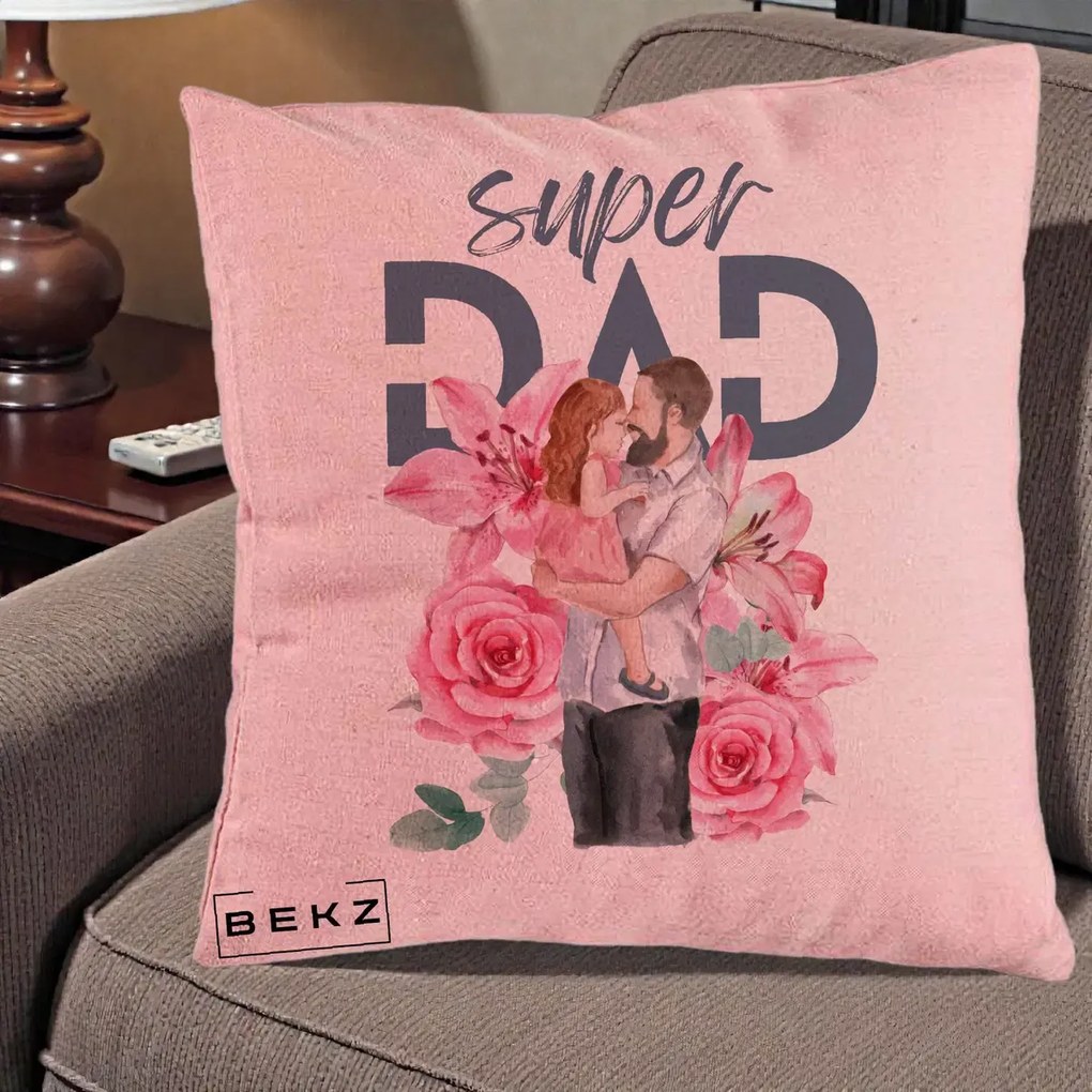 Cadou pentru Tata - Perna Personalizata Super Dad Tata cu Fetita si Flori, 40x40 cm, Roz, Husa Detasabila, Perna Inclusa, BEKZ®