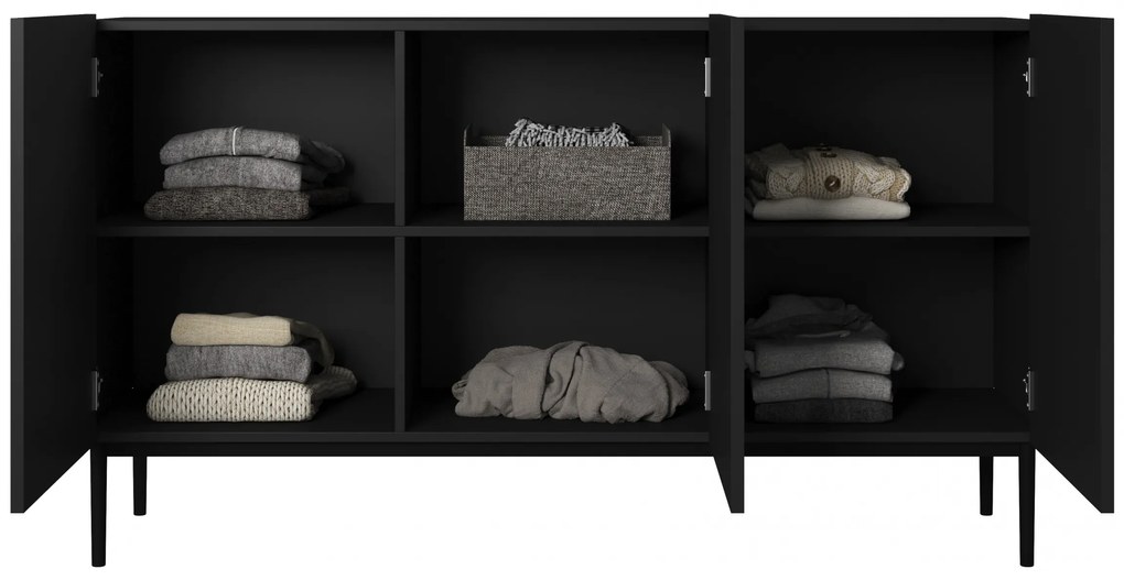 Comodă Nicole 150 cm cu trei uși, fronturi riflate - negru mat / picioare negre