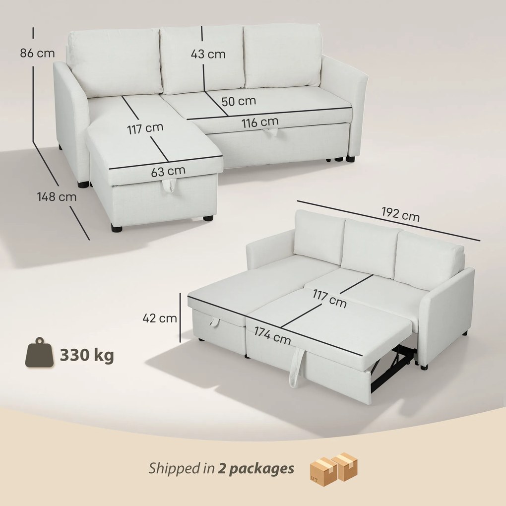 HOMCOM Divan Extensibil pentru 3 Persoane cu Șezlong Convertibil, Divan Rabatabil cu Compartiment de Depozitare și 3 Perne Detașabile, Material Textil cu Efect de In, Living, 192x148x86cm, Crem | Aosom Romania