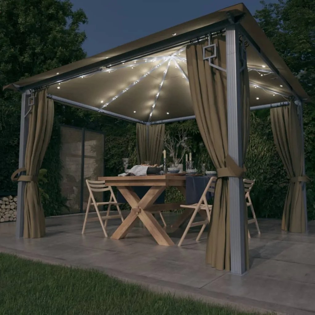 vidaXL Pavilion cu perdele&amp;șiruri lumini LED gri taupe 3x3 m aluminiu