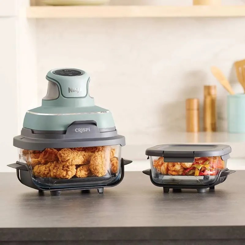 Friteuza cu aer cald portabila 4in1 Ninja CRISPi FN101EUSG, 1700W, 3.8l, 6 portii, 2 recipiente din sticla, 4 programe, Fara PFAS si BPA, Verde