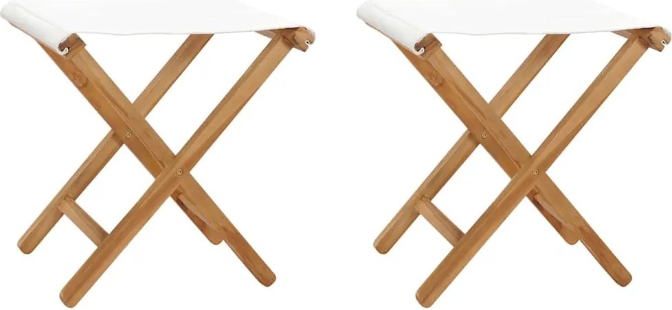 vidaXL Scaune pliabile, 2 buc., alb crem, lemn masiv de tec & textil