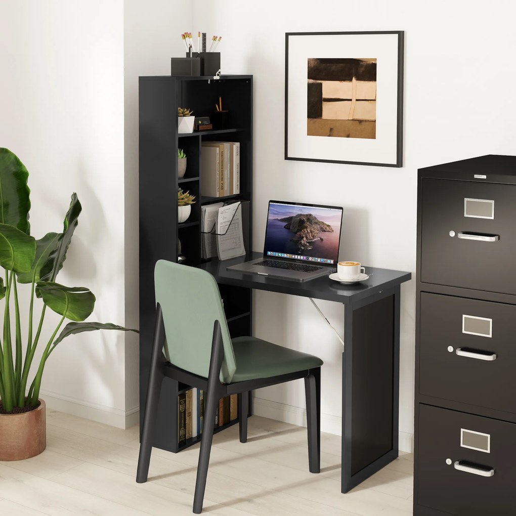 HOMCOM Birou Modern Pliabil cu Bibliotecă și Tablă, din Lemn și Metal, 98x51x153 cm, Negru | Aosom Romania