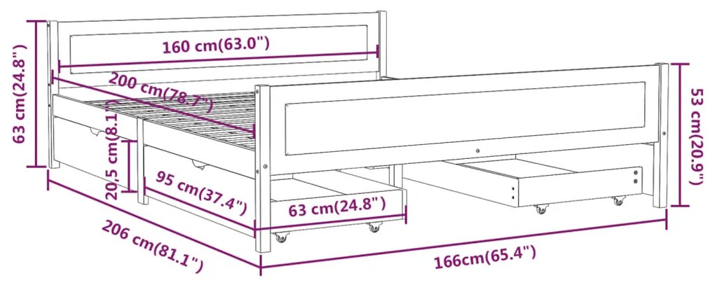 Cadru de pat cu 4 sertare, alb, 160x200 cm, lemn masiv pin Alb, 160 x 200 cm, 4 Sertare