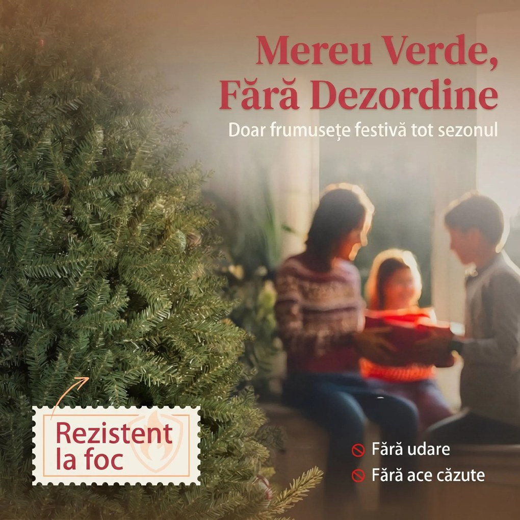 HOMCOM Brad de Crăciun Artificial 210 cm cu 2641 Ramuri Ignifuge, Brad de Crăciun Artificial Dens și Realist cu Bază Metalică Pliabilă, Asamblare Ușoară, pentru Casă și Spații Interioare, Verde | Aosom Romania
