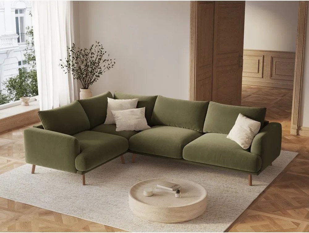 Colțar verde cu tapițerie din catifea (cu colț pe partea stângă/în formă de ”L”) Naomi – Micadoni