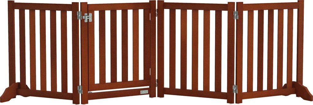 PawHut Barieră de siguranță câine pliabilă dublă față din lemn, 4 panouri cu ușă, picioare de suport, 205 x 60 cm, maro | Aosom Romania