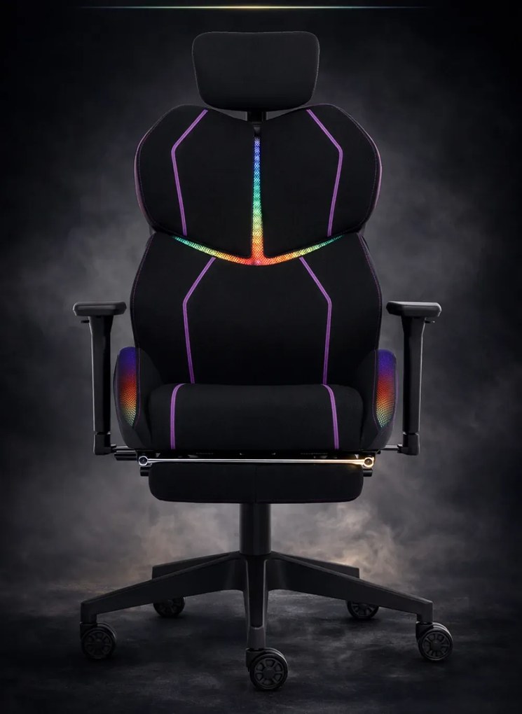 LUMINA X-Motion Pro –Scaun Gaming & Office Premium cu LED RGB, Masaj Lombar, Translatie Sezut și Suport pentru Picioare – Confort Inteligent și Design Spectaculos, Textil, Negru/Mov
