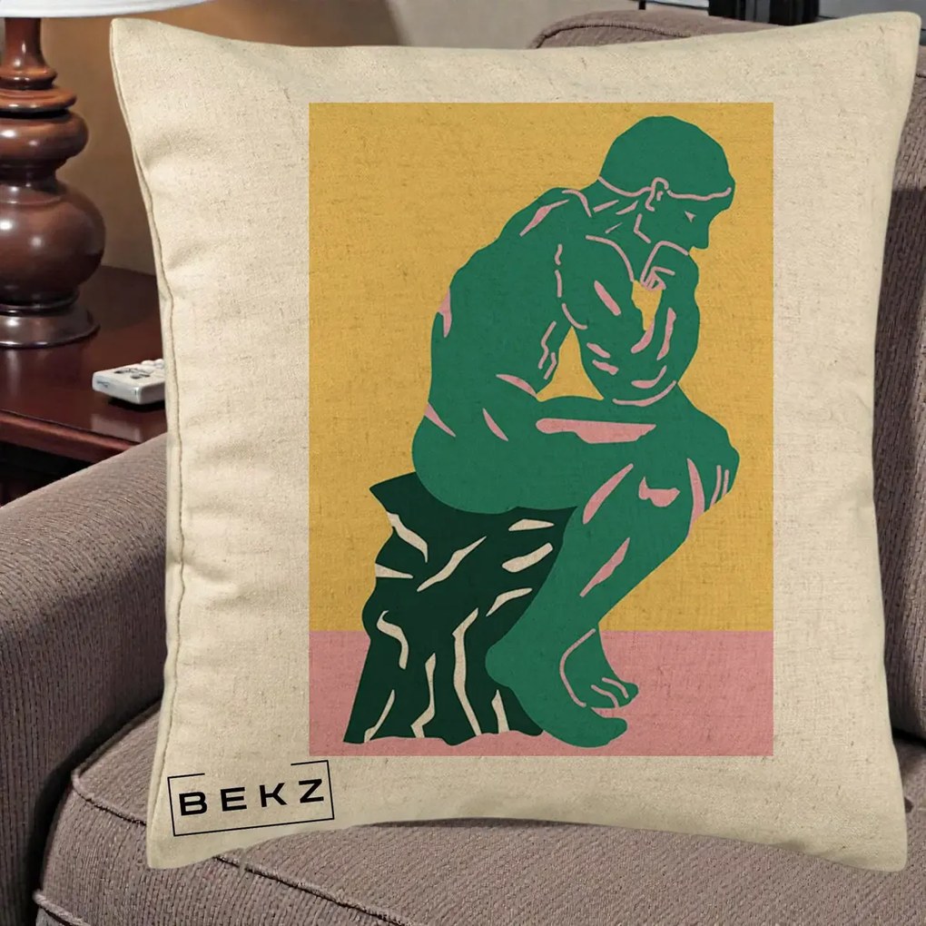 Perna Decorativa Ganditorul Sculptura Pop Art, 40x40 cm, Bej, Husa Detasabila, Perna Inclusa, BEKZ®