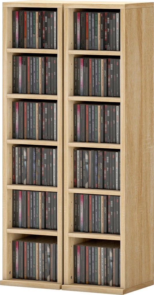 HOMCOM Set de 2 Rafturi pentru CD-uri cu Polițe Reglabile, Capacitate 204 CD-uri, Design Compact, 21x22,5x88,5 cm, Stejar | Aosom Romania